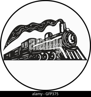 Abbildung einer Dampf Zug Lokomotive kommen aus niedrigen Winkel eingestellt im inneren Kreis auf isolierte Hintergrund in Retro getan betrachtet Stock Vektor