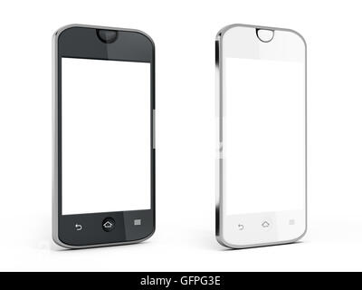 Schwarz / weiß-Smartphones mit Reflexion isoliert auf weißem Hintergrund. 3D Illustration. Stockfoto