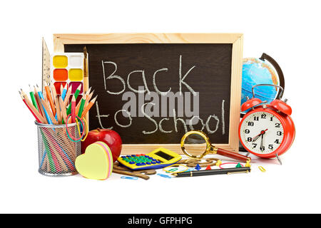 Zurück in der Schule liefert. Wecker und blackboard Stockfoto