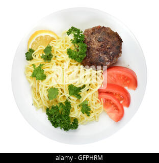Spaghetti und Fleischbällchen auf Platte isoliert Draufsicht Stockfoto