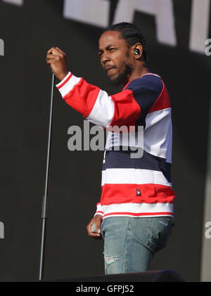 LONDON - 2. Juli 2016: Kendrick Lamar bei der Barclaycard British Summer Time Veranstaltung im Hyde Park am 2. Juli 2016 in London Stockfoto