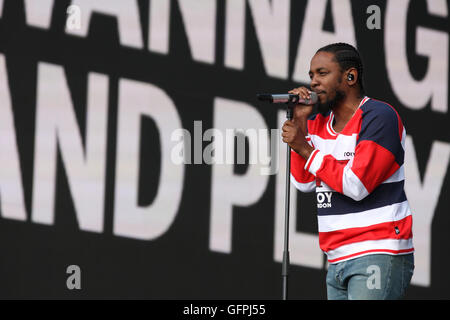 LONDON - 2. Juli 2016: Kendrick Lamar bei der Barclaycard British Summer Time Veranstaltung im Hyde Park am 2. Juli 2016 in London Stockfoto