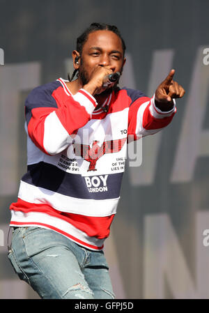 LONDON - 2. Juli 2016: Kendrick Lamar bei der Barclaycard British Summer Time Veranstaltung im Hyde Park am 2. Juli 2016 in London Stockfoto