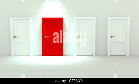 3D Rendering von Close up rot Einzeltür unter den weißen Türen auf weißen Wand Stockfoto