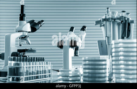 Mikroskop und Petrischalen im wissenschaftlichen Labor .medical Glaswaren Stockfoto