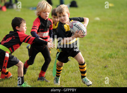 Kinder Junior Tag Rugby Action Sport Kinder großbritannien Kinder Kinder Sport gesunde Aktivität Sport Jungen Sport Stockfoto