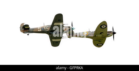 Bild von zwei Oldtimer-Flugzeuge, ein Orkan und eine Supermarine Spitfire. Beide Flugzeuge flogen in der Royal Air Force im zweiten Weltkrieg Stockfoto