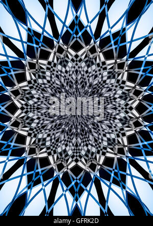 Fraktale Muster von schwarzen, weißen und blauen Kurven kommen aus der Mitte Stockfoto