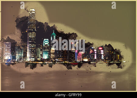 Hong Kong Island mit Scyscrapes nachts beleuchtet Stockfoto