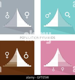 Bevölkerung und Demografie, Illustration der Detaillierungsgrad der Bevölkerung Pyramiden Diagramm oder Altersstruktur Grafik abhängig von Geschlecht. Stock Vektor