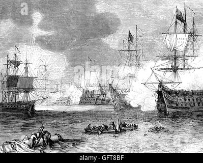 Die Schlacht von Navarino kämpften am 20. Oktober 1827, während die griechischen Unabhängigkeitskrieg in der Bucht von Navarino (Moderntag Pylos), an der Westküste der Halbinsel Peloponnes, im Ionischen Meer.   Ein Allied Force der Briten, französische und russische Schiffe besiegt eine osmanische Flotte von Kriegsschiffen, Ägypten, Tunis und Algier. Es war die letzte große Seeschlacht der Geschichte bekämpft werden, komplett mit Segelschiffen Stockfoto