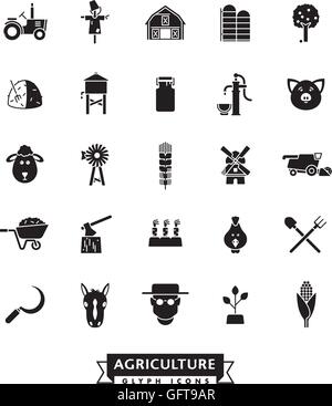 Solide schwarze Landwirtschaft Vektor-Icons-Auflistung Stock Vektor