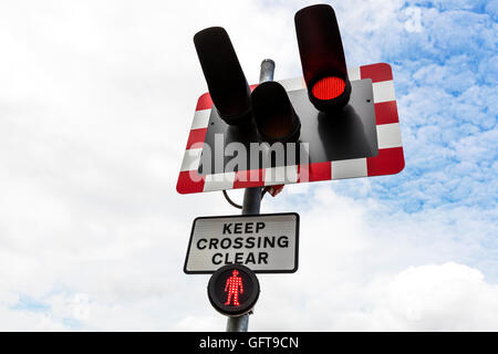 Bahnübergang Blaulicht Achtung der Zug kommenden Gefahr überqueren nicht halten Kreuzung deutliche Zeichen UK England GB Stockfoto