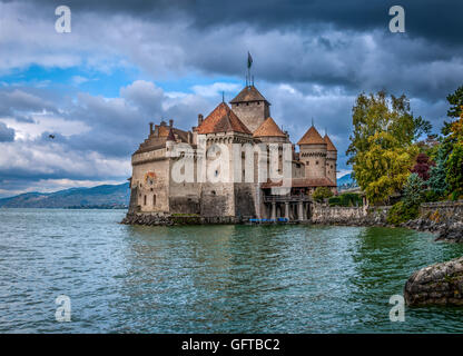 Chateau de Chillon, das Schloss Chillon, am Ufer des Genfer See (Lac Leman, Genfer See), in der Nähe von Montreux Stockfoto