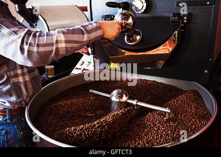 Kaffeebohnen Rösten in einer Trommel gerührt, mit einem Metall Paddel Stockfoto