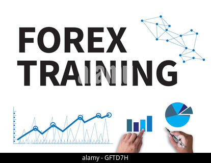 FOREX TRAINING Geschäftsmann Arbeit auf weiße Breite, Top Sicht Stockfoto