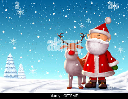 Happy Santa Claus und Rudolph in einer verschneiten Szene. Stockfoto