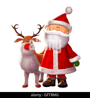 Happy Santa Claus und Rudolph auf einem weißen Hintergrund. Stockfoto