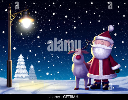 Happy Santa Claus und Rudolph in einer verschneiten Nacht. Stockfoto