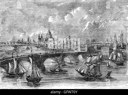 Die alten 600 Jahre alte London Bridge war schmal und altersschwach und blockierte Flussschifffahrt. Im Jahre 1799 fand ein Wettbewerb für Designs, die alte Brücke zu ersetzen. John Rennie gewann den Wettbewerb mit einer konventionellen Auslegung von fünf Steinbögen.  Die Arbeiten begannen im Jahre 1824 und der Grundstein wurde gelegt, in den südlichen Koffer-Damm am 15. Juni 1825. England. Stockfoto