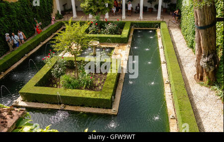 Gärten des Generalife, der Sommerpalast in der Alhambra, Generalife, Granada, Spanien. Stockfoto