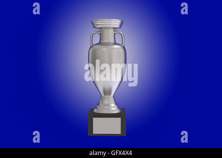 3D-Rendering Silbertrophäe auf blauem Hintergrund Stockfoto