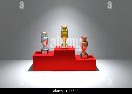 3D Rendering von gold, Silber, Bronze Trophäe auf einem roten podium Stockfoto