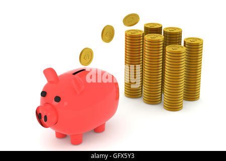 3D-Rendering Goldmünzen fliegen um ein Sparschwein auf weißem Hintergrund Stockfoto