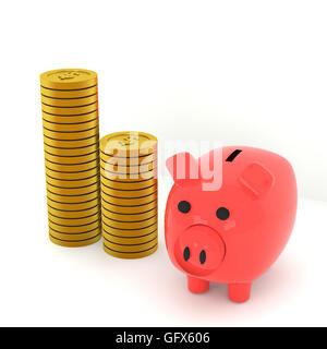 3D-Rendering Sparschwein und Münzen auf weißem Hintergrund Stockfoto