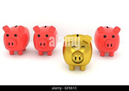 3D-Rendering Golden Piggy Bank abheben von den anderen Stockfoto