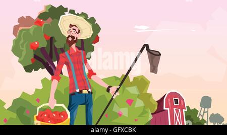 Landwirt sammeln Äpfel im Garten Obsternte Stock Vektor