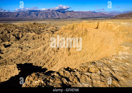 Breite, rissige Lehmmassen in blassem Weiß und dunklem Grau stürzen in fächerförmigen Mustern unter einem steilen Lehmmund am Salton Sea, Kalifornien. Stockfoto