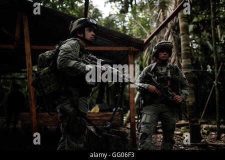 Guaviare, Kolumbien. 2. August 2016. Mitglied des Arbeitskreises "Dschungel" der Drogenbekämpfung Polizei stehen auf der Hut in einer Zone von Calamar Landgemeinde, Department Guaviare, Kolumbien, auf 2. August 2016. In der fünf-Tage-Kooperation zwischen der Anti-Drogen-Polizei und der Luftwaffe namens Perceo in Guaviare, Meta und Vaupes Abteilungen 104 Drogenlabors wurden gesprengt, mit über 1.700 kg Coca Basis und 38 Tonnen von eingelegten Koka Blätter beschlagnahmt. Bildnachweis: Xinhua/Alamy Live-Nachrichten Stockfoto