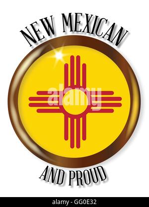 New Mexico Flagge Schaltfläche Status mit einem gold Metall kreisförmigen Rand auf weißem Hintergrund mit dem Text New Mexicos und stolz Stock Vektor