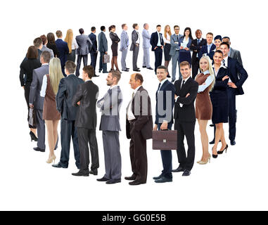 Business Gruppe stehen in einem Kreis über weiße Zeitmessung isoliert Stockfoto