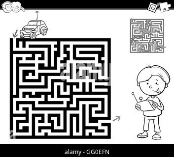 Schwarz / Weiß Cartoon Illustration der Bildung Irrgarten oder Labyrinth Aktivität Aufgabe für Kinder im Vorschulalter mit jungen und entfernten Wagen Stock Vektor