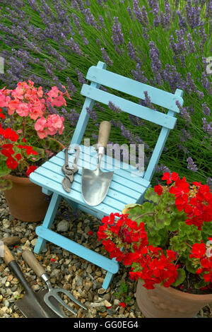 Lavendel Grenze Hidcote Vielfalt und Topfpflanzen Geranien mit blauen Stuhl im Bauerngarten Stockfoto