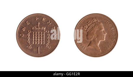 Gesicht und Rückseite einer Münze 1 Cent Münze auf weißem Hintergrund Stockfoto