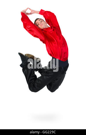 Zigeuner-Mann springt auf weißen Hintergrund isoliert Stockfoto