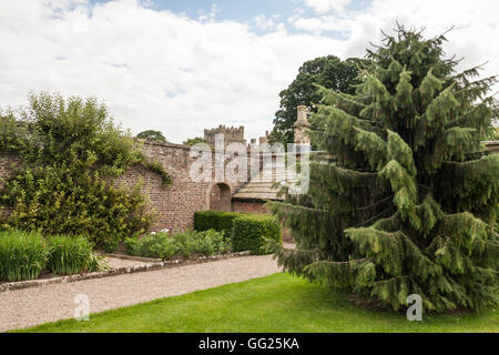 Ein Blick auf die Gärten im Raby Castle, Staindrop, mit der Burg im Hintergrund Stockfoto