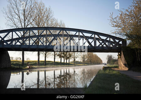 Morgennebel auf dem Burgund-Kanal, Saint-Jean-de-Losne, Frankreich Stockfoto