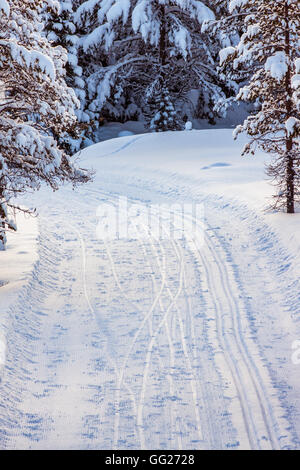 Einer Maschine Strecke auf der rechten Seite und Tracks aus Skifahrer auf den flachen Teil der Straße auf der linken Seite, im Schnee sichtbar gemacht. Stockfoto