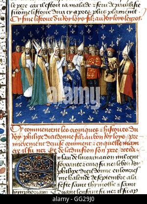 Miniatur von Jean Fouquet. Chroniken von Saint-Denis. Corornation von Philip Augustus in der Kathedrale von Reims, in Anwesenheit der Herzog der Normandie, Sohn von Henri II König von England (November ich 1179) 15. Jahrhundert in Paris. Bibliothèque nationale Stockfoto