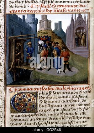 Jean Fouquet Miniatur, Saint-Denis-Chroniken: Hugues Capet (956-987) (Herzog von Frankreich) dann König von Frankreich erhält die Schlüssel der Stadt Laon durch Bischof Asselin 15. Jahrhundert Frankreich Stockfoto