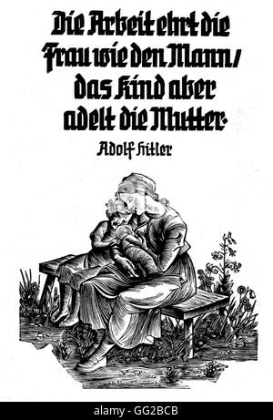 Almanach von Hitlers "Winter Charity Organisation" ausgestellt: "Arbeit ehrt sowie Frau, Mann, aber ein Kind adelt seine Mutter" 1939 Deutschland Stockfoto