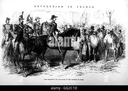 Präsident Louis Napoleon Bonaparte in den Straßen von Paris mit seinen Mitarbeitern, nach seinem Staatsstreich. 2. Dezember 1851 Frankreich Stockfoto