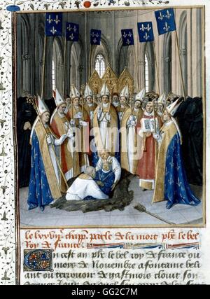 Miniatur von Jean Fouquet. Chroniken von Saint-Denis. Begräbnis von Philip die Messe (1285-1314) in Saint-Denis. 15. C Frankreich Paris. Bibliothèque Nationale Stockfoto