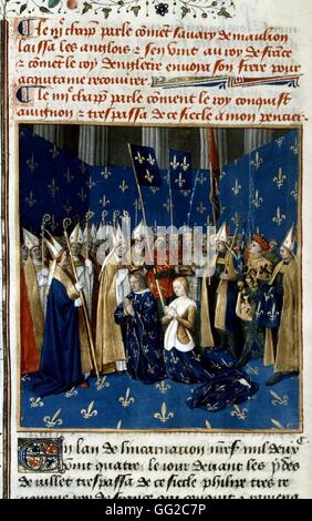 Miniatur von Jean Fouquet. Chroniken von Saint-Denis. Krönung von Louis VIII und Blanche von Kastilien, in Reims, in Anwesenheit des Königs von Jerusalem (1224) 15. C in Paris. Bibliothèque Nationale Stockfoto