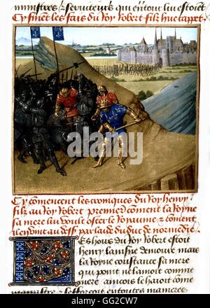 Chroniken von Saint-Denis. Miniatur von Jean Fouquet. Schlacht von König Henri i. von Frankreich (1031-1060) gegen die Grafen von Champagne, Sohn von Eudes de Blois, Prinz von Touren 15. Jahrhundert Frankreich Stockfoto