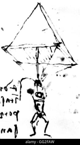 Leonardo da Vinci (1452-1519) Zeichnung eines Mannes mit einem Fallschirm Stockfoto